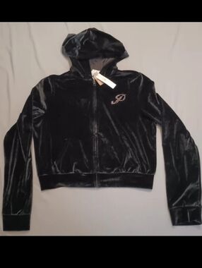 PINK Victoria's Secret Velour Shine Full-Zip Cropped Black Hoodie